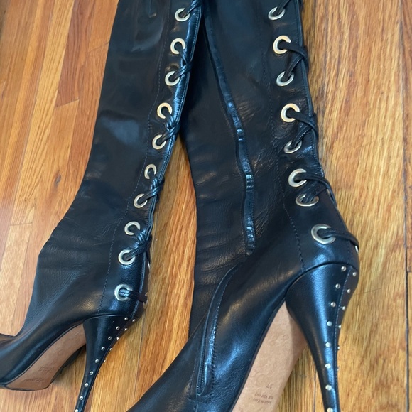 Yves Saint Laurent Black Heeled Boots with Gold Eyelets - Picture 2 of 4